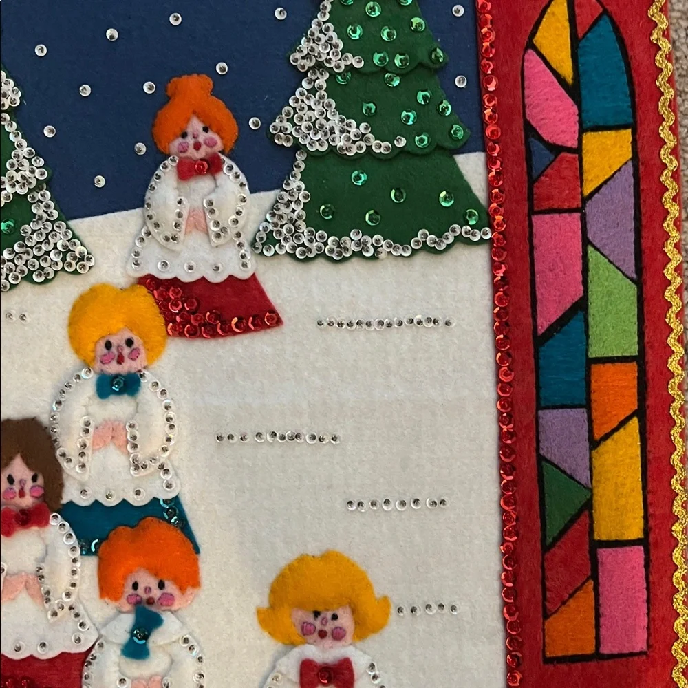Vintage Handcrafted Colorful Christmas Wall Hanging with Angels-EUC